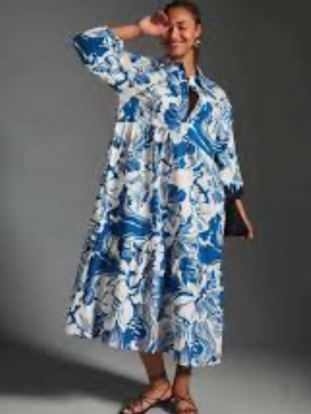 Anthropologie Maeve Women XXS Bettina Tiered Shirt Dress Blue Floral 3/4 Sleeves